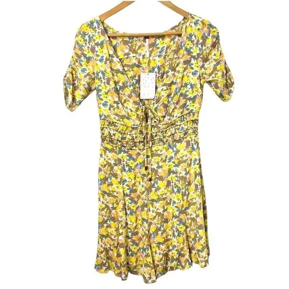 FREE PEOPLE NWT Forget Me Not V Neck Floral Lined Ruched Sleeve Mini Dress 0 - Picture 4 of 12